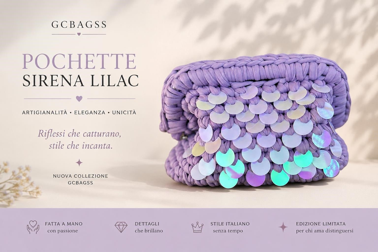 Pochette Handmade Sirena Lilac - Borsetta Artigianale Elegante con Paillettes Iridescenti